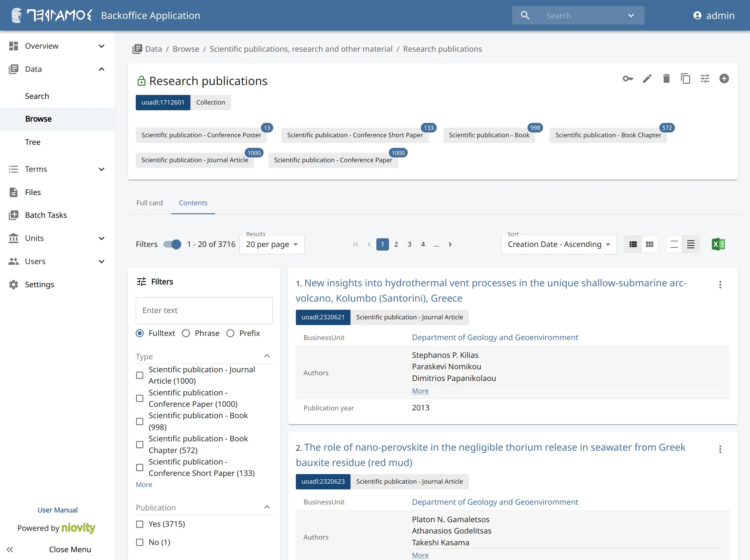 Pergamos backoffice showing research publication browsing and faceted filters