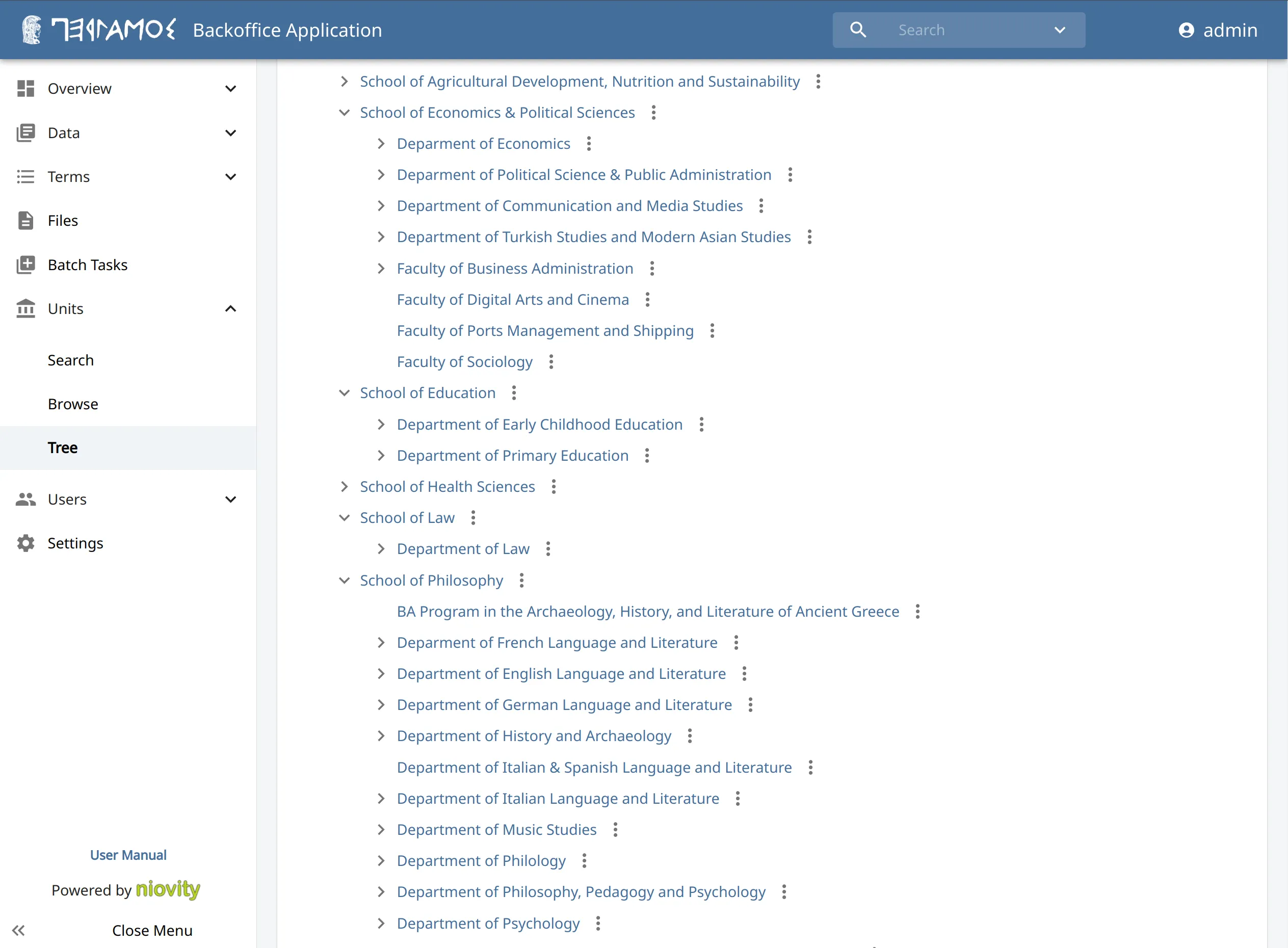 Pergamos backoffice showing the University of Athens institutional hierarchy