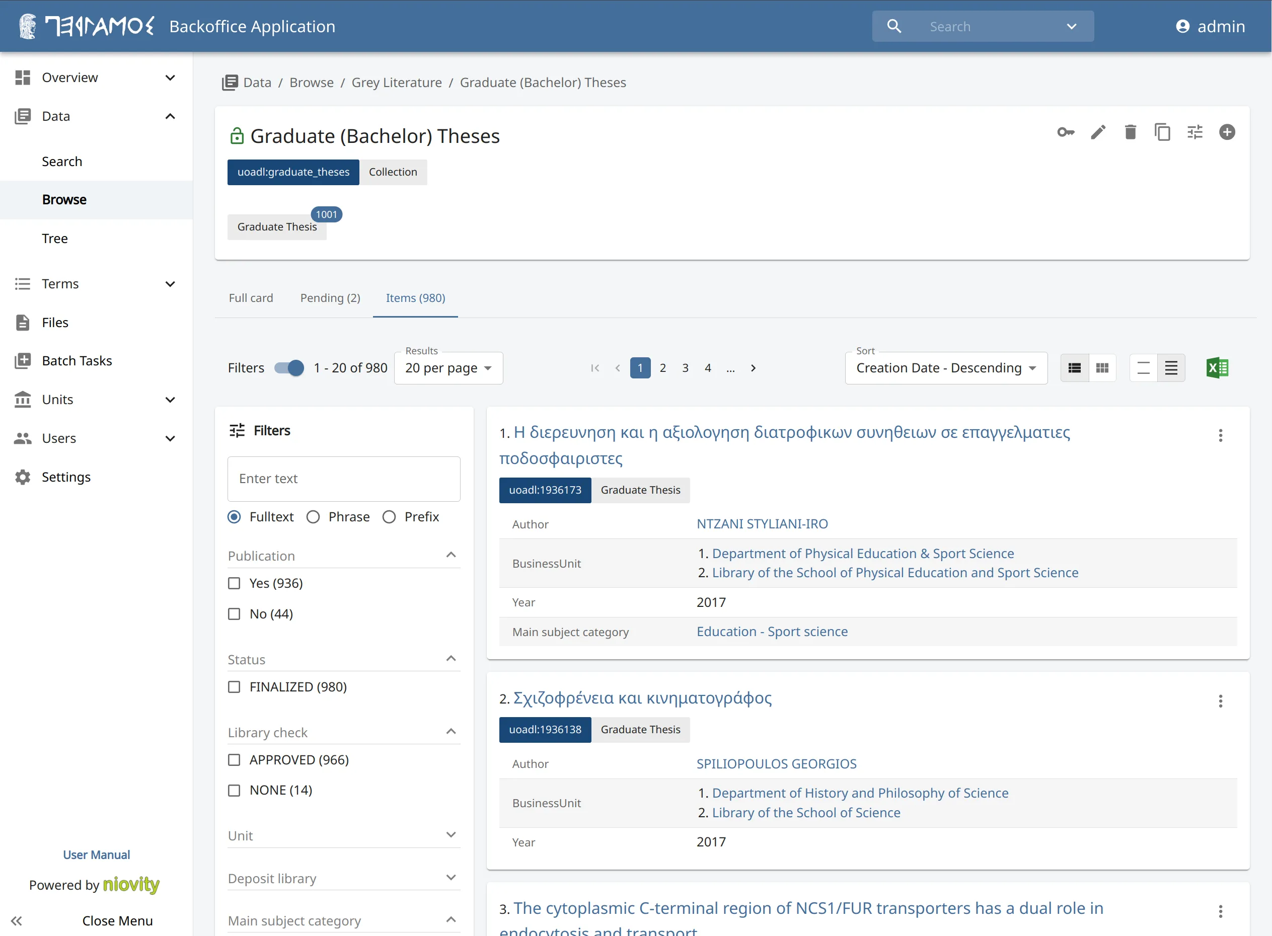 Pergamos backoffice showing graduate thesis records, filters, and approval status