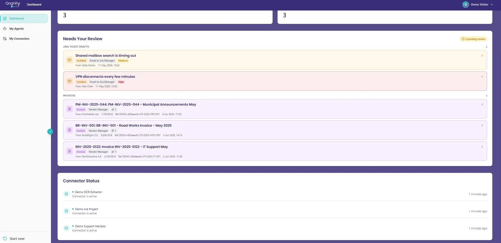 Qognity Suite dashboard showing pending Jira ticket and invoice reviews alongside connector status