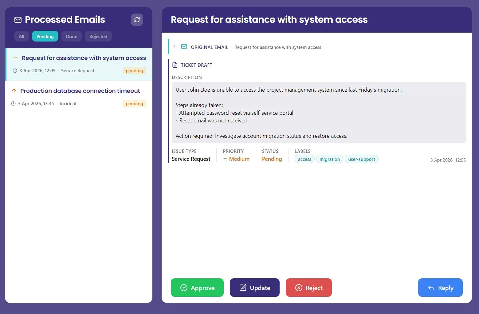 Qognity Suite Email-to-Jira agent showing a generated ticket draft awaiting approval